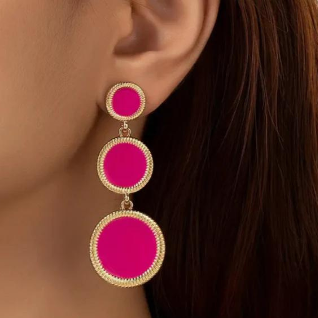 "Three Hot Pink" Round Dangle Earrings