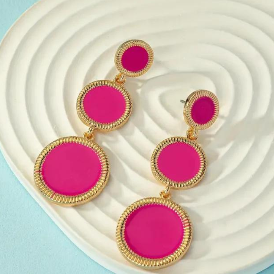 "Three Hot Pink" Round Dangle Earrings