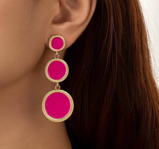 "Three Hot Pink" Round Dangle Earrings