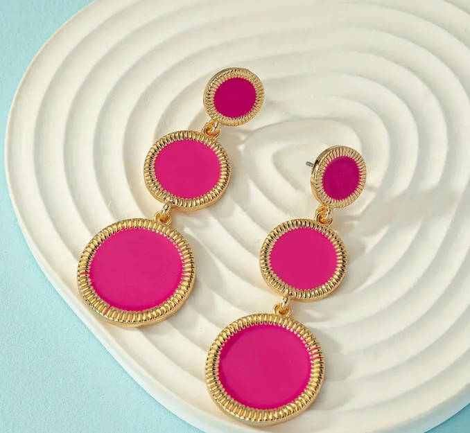 "Three Hot Pink" Round Dangle Earrings